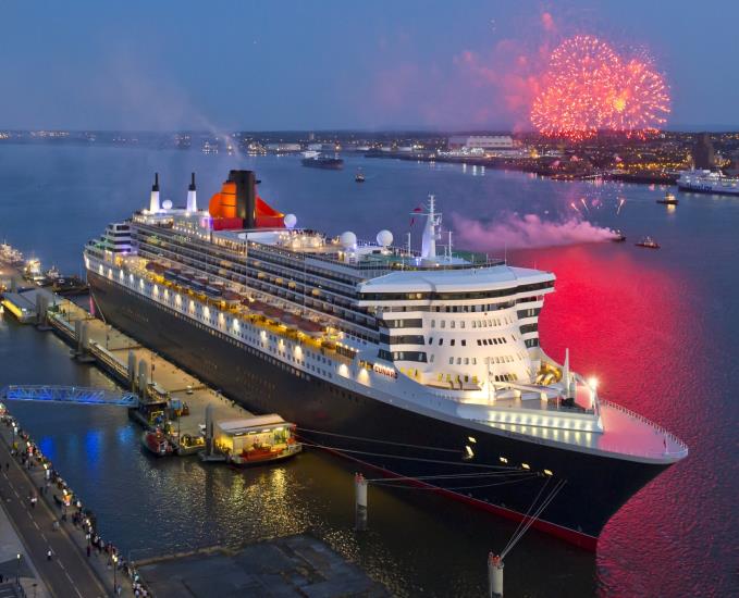 Fireworks as the Queen Mary 2 sets off for New York on Saturday night, marking the 175th anniversary of the first such voyage